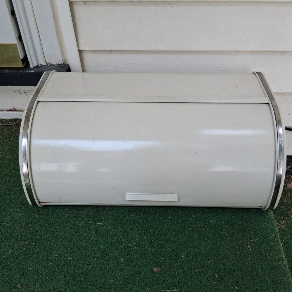 Vintage MCM Metal White Enamel Chrome Rolltop Bread Box Rockabilly Shabby
